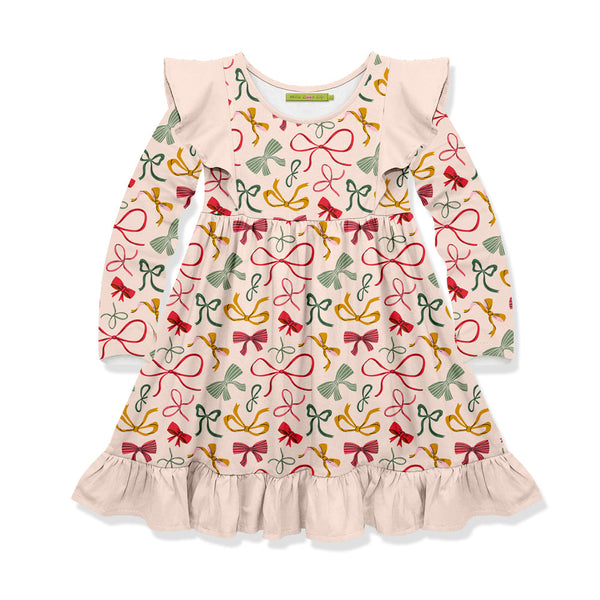 Kids Light Pink Holiday Bows Angel-Sleeve Dress