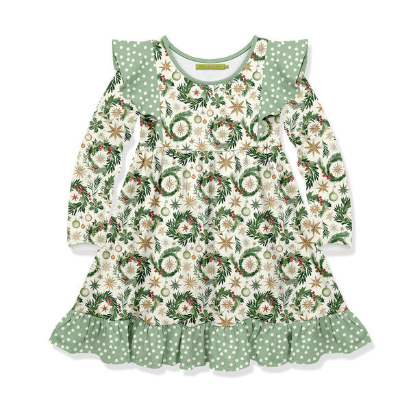 Kids Cream Christmas Wreaths Angel-Sleeve Dress