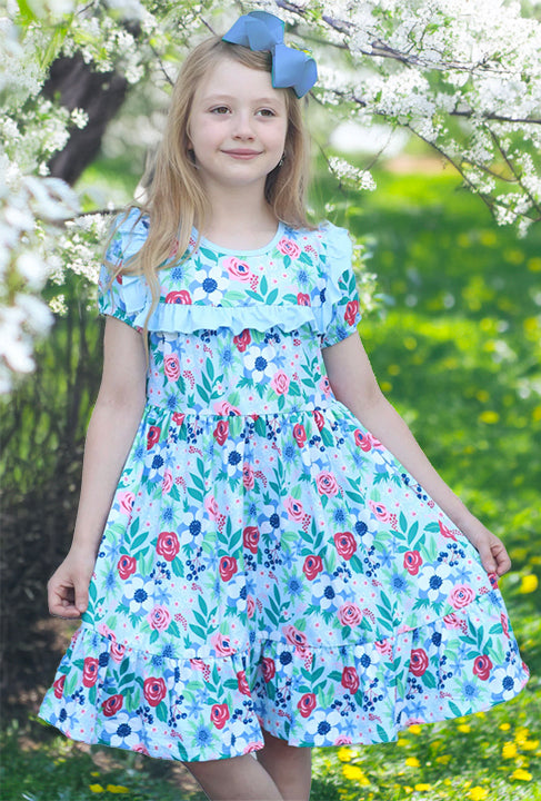 Ice Blue Mandy Floral Ruffle Tiered A-Line Dress