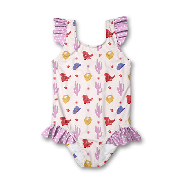 Kids Pale Pink Western Cactus Ruffle-Accent One-Piece