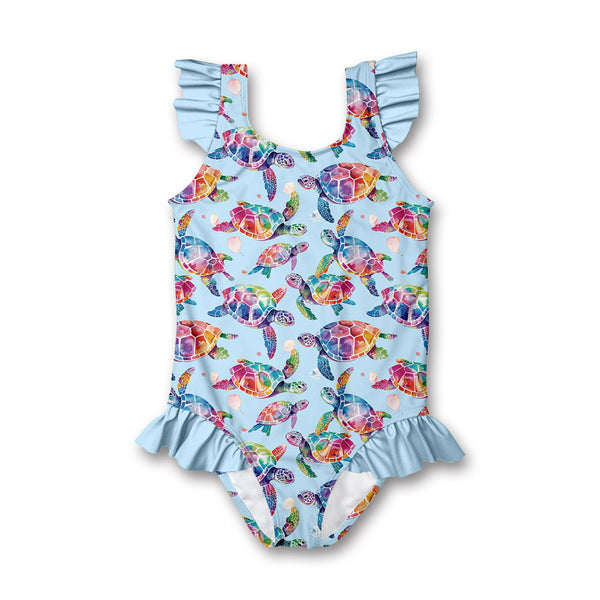 Kids Pale Blue Tie Dye Turtles Ruffle-Accent One-Piece