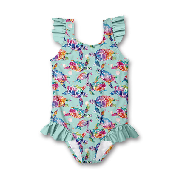 Kids Mint Tie Dye Turtles Ruffle-Accent One-Piece