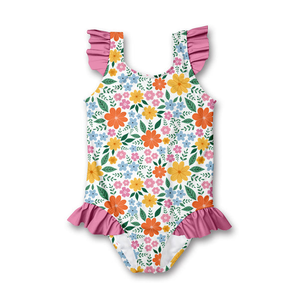 Kids White Summer Bloom Ruffle-Accent One-Piece