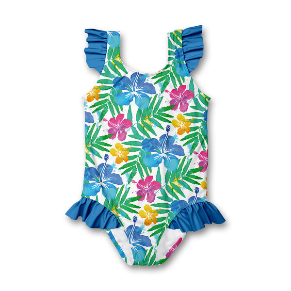 Kids White Hawaiian Neon Ruffle-Accent One-Piece