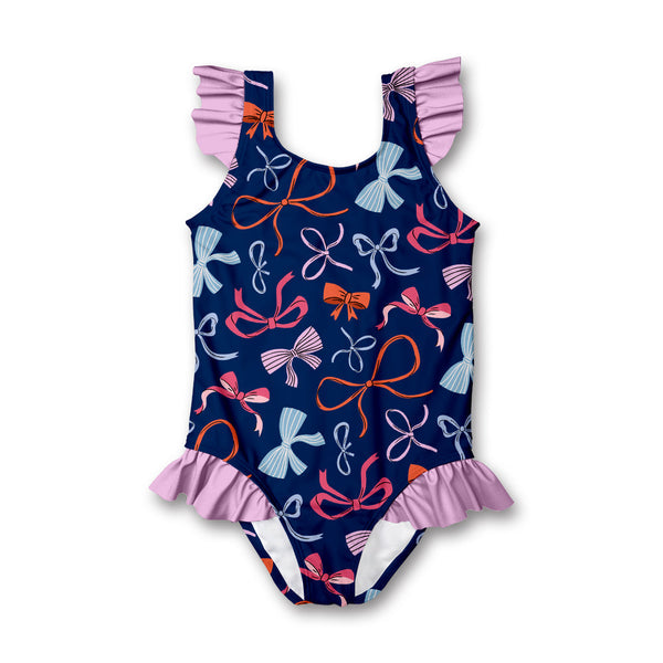 Kids Navy Bows Ruffle-Accent One-Piece