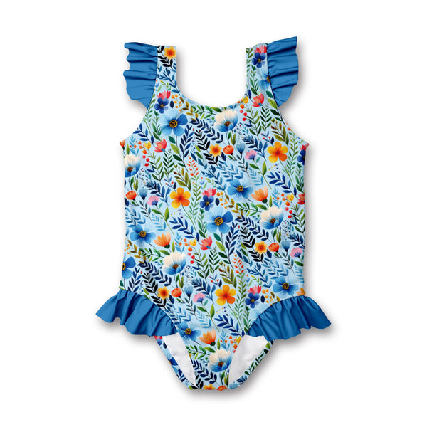 Kids Pale Blue Rainbow Floral Ruffle-Accent One-Piece