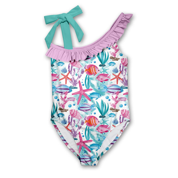Millie Loves Lily Girls Turquoise Assymetrical Sea Print 1 piece Swimsuit