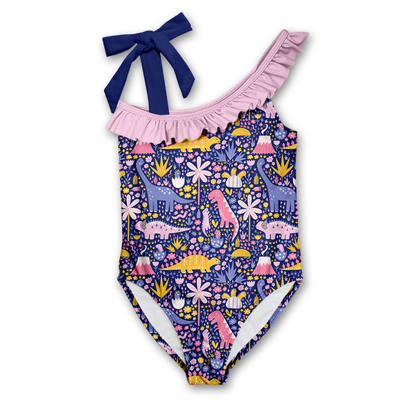 Millie Loves Lily Girls Navy Assymetrical Dinosaur Print 1 piece Swimsuit