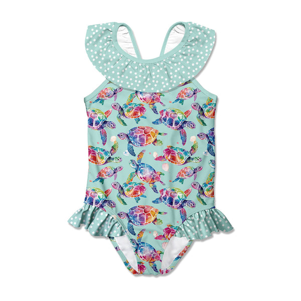 Kids Mint Tie Dye Turtles Bow Ruffle-Accent Yoke One-Piece