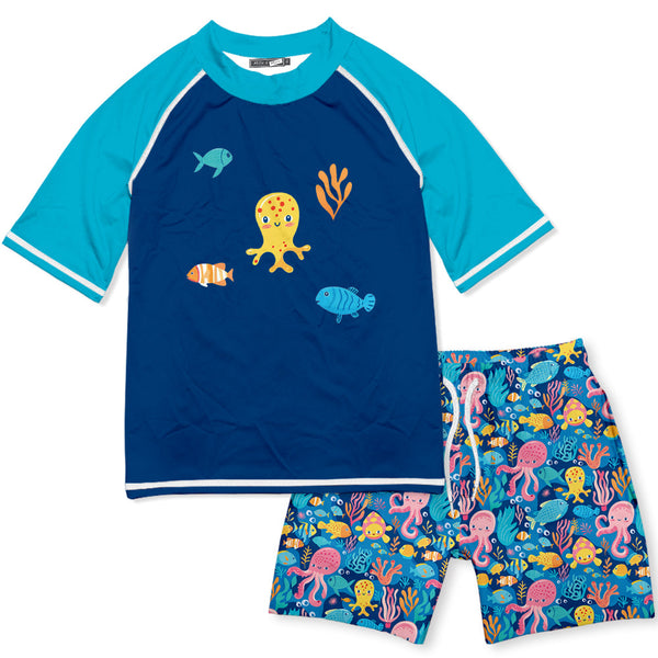 Kids Navy Silly Sea Life Short-Sleeve Rashguard Set