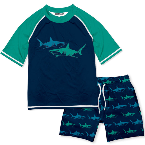 Kids Blue Shark Short-Sleeve Rashguard Set