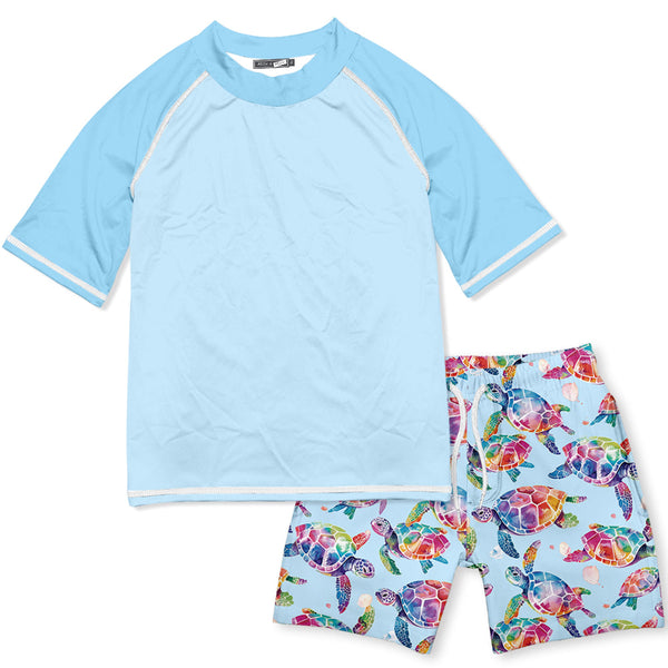 Kids Pale Blue Tie DyeTurtles Short-Sleeve Rashguard Set