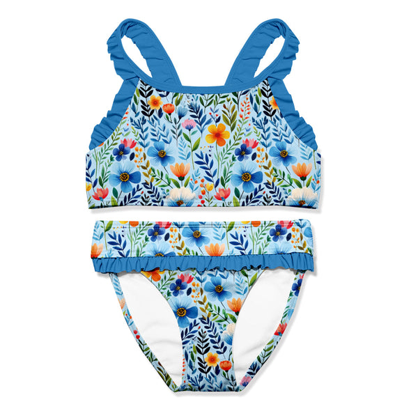 Kids Pale Blue Rainbow Floral Ruffle-Trim Bikini