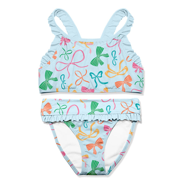 Kids Pale Blue Summer Bows Ruffle-Trim Bikini