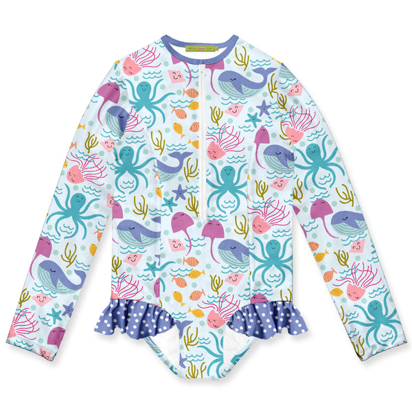 Ice Blue Sea Creatures Ruffle-Accent One-Piece Rashguard