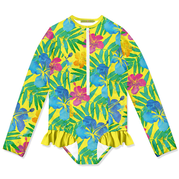 Yellow Hawaiian Neon Ruffle-Accent One-Piece Rashguard