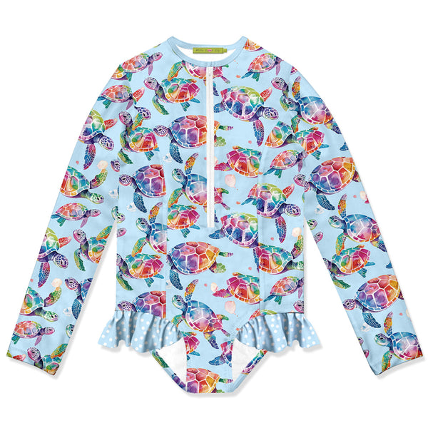 Kids Pale Blue Tie Dye Turtles Ruffle-Accent One-Piece Rashguard