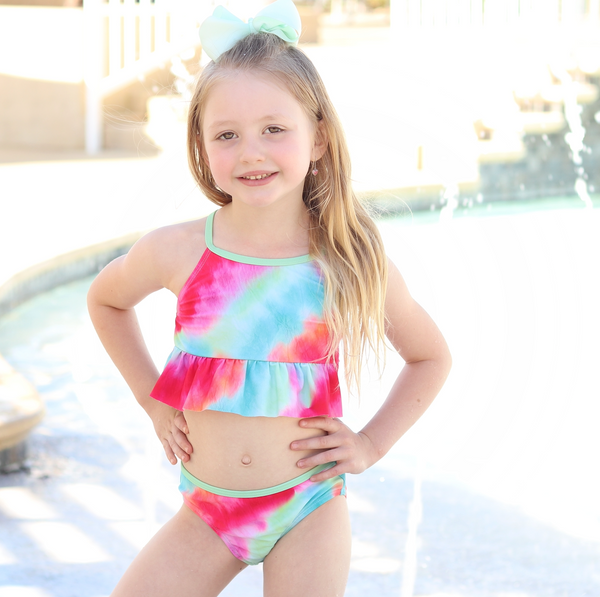 Pink and Lime Summer Tie-Dye Ruffle Trim Bikini set
