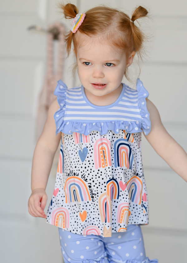 White & Blue 'Rainbow' Ruffle-Accent Sleeveless Top & Shorts