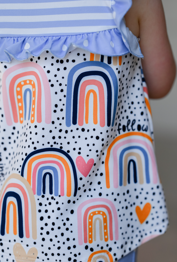 White & Blue 'Rainbow' Ruffle-Accent Sleeveless Top & Shorts