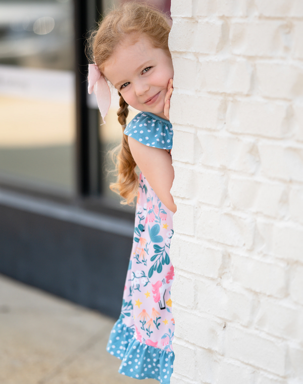 Light Peach & Nile Blue Diminika Unicorn Ruffle-Hem Yoke Dress