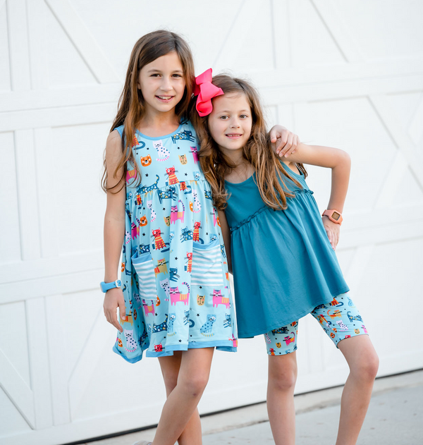 Teal Sleeveless Ruffle Babydoll Top & Kitty Cats Bike Shorts