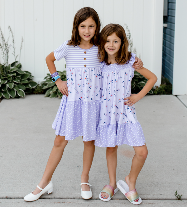 Lilac Stripe Petals Floral Tiered Button-Front Dress