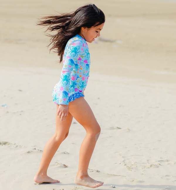 Ice Blue Sea Creatures Ruffle-Accent One-Piece Rashguard