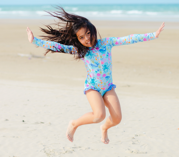 Ice Blue Sea Creatures Ruffle-Accent One-Piece Rashguard