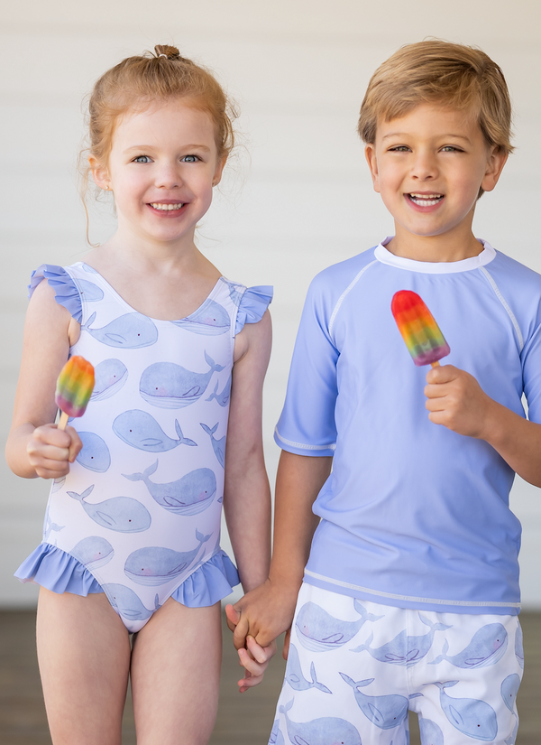 White & Periwinkle Whale Ruffle-Accent Swimsuit