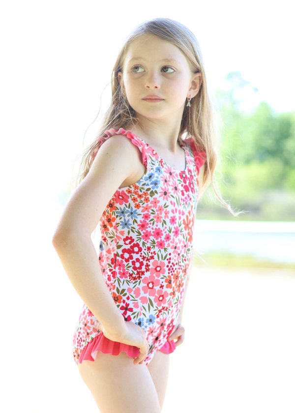 Coral Samantha Floral Ruffle-Accent One-Piece
