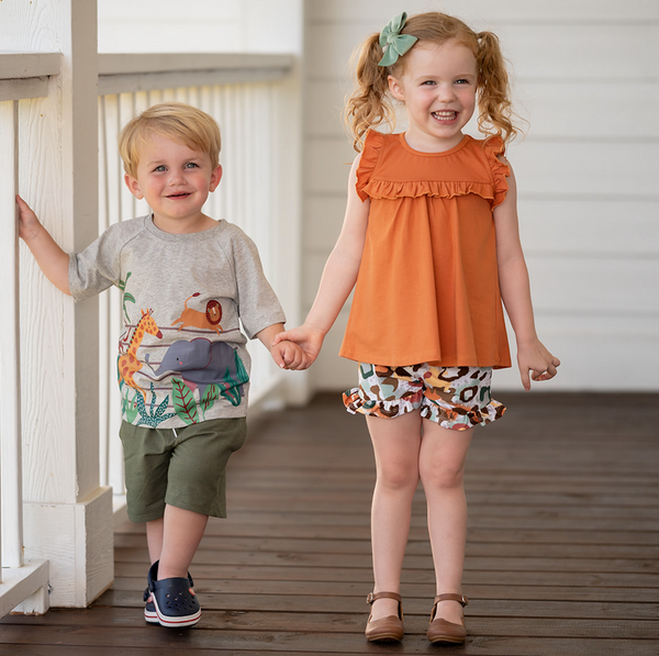 Gray Animal Zoo Tee & Olive Drawstring Shorts