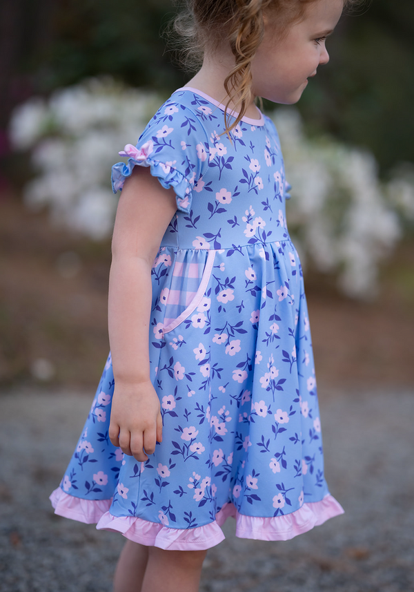 Periwinkle Mini Flower Bow-Sleeve A-Line Dress