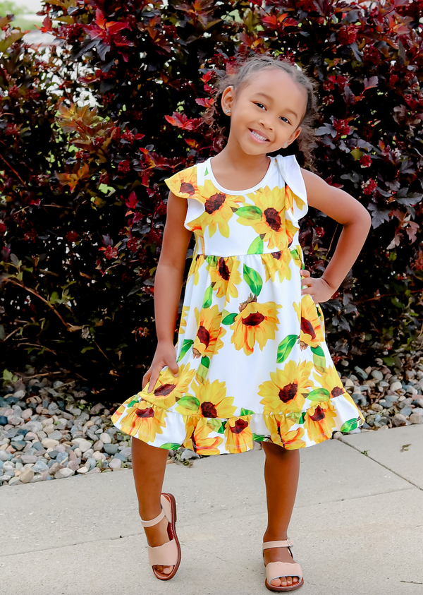 Cream & Marigold Sunflower Angel-Sleeve Dress