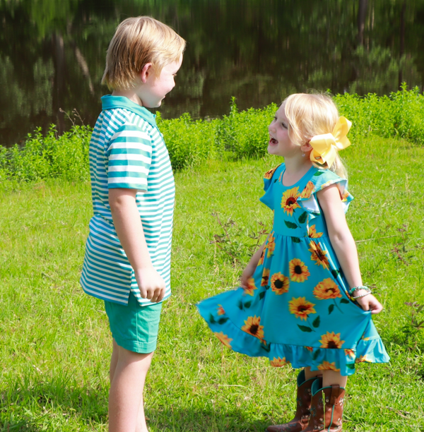 Teal Sunflower Turq Angel-Sleeve Dress