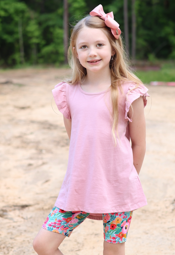 Dusty Pink Angel-Sleeve Hi-Low Top & Floral Bike Shorts