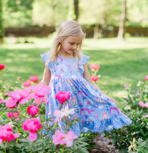 Periwinkle & Pink Dot Rainbow Angel-Sleeve Dress