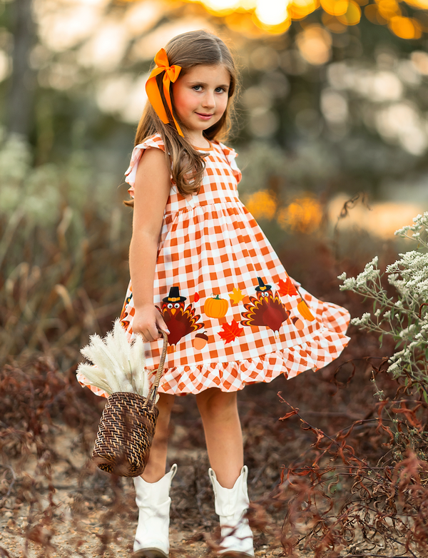 Millie Loves Lily Girls Orange Gingham Thanksgiving Parade Border Dress