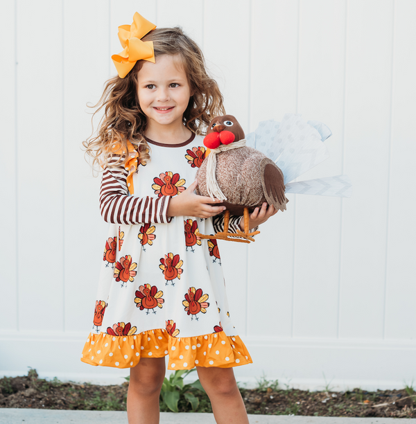 Millie Loves Lily Girls' Cream Thanksgiving Turkey Long Sleeve Dress