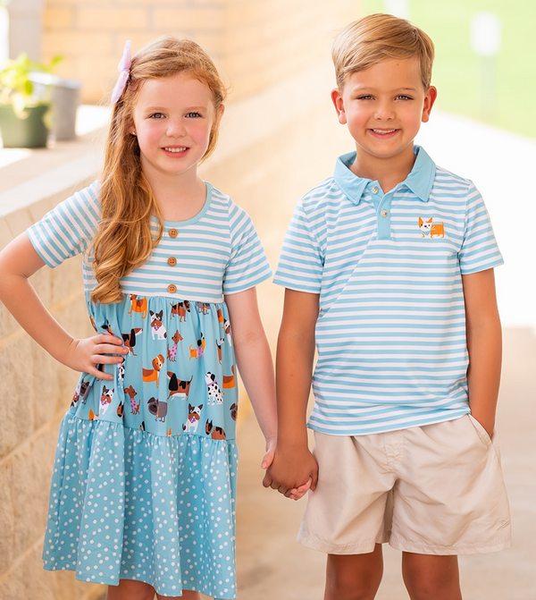 Millie Loves Lily Girls Nile Blue Doggie Printed Tiered Short Sleeve Dress