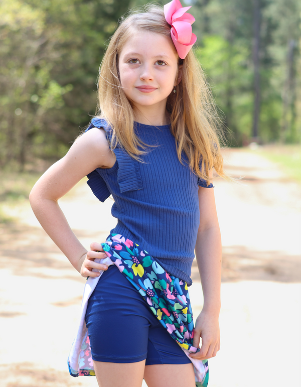 Navy Ribbed Sleeveless Top & Block Floral Skort