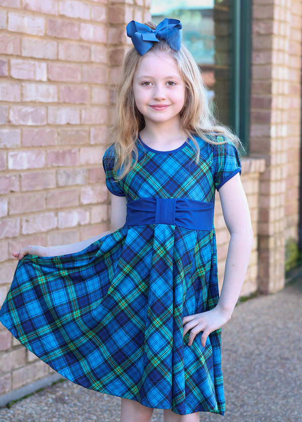 Blue Plaid Cap-Sleeve Dress & Cobalt Ruffle Cardigan