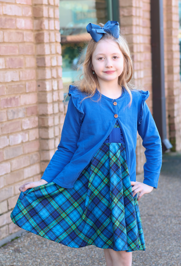 Blue Plaid Cap-Sleeve Dress & Cobalt Ruffle Cardigan