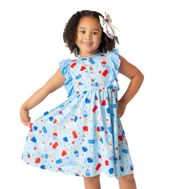Ice Blue Ice Cream Button Ruffle-Sleeve Dress