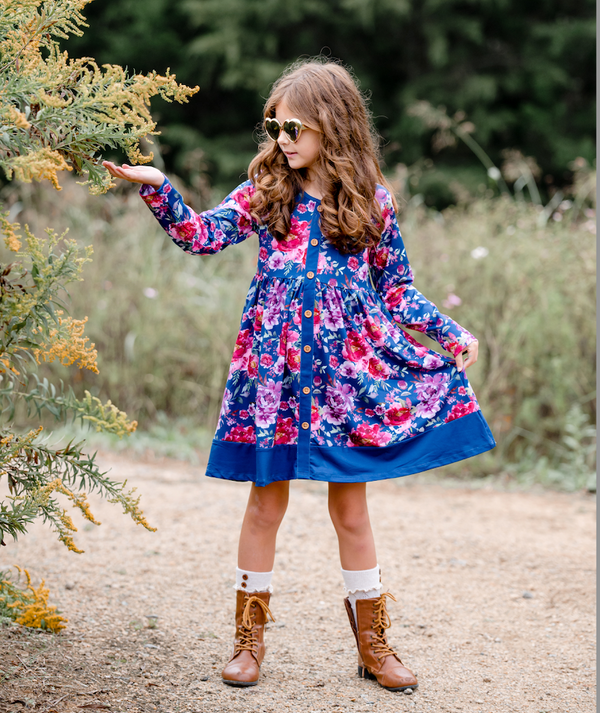 Millie Loves Lily Navy Floral Dress with Decorative Buttons and Contrast Banding