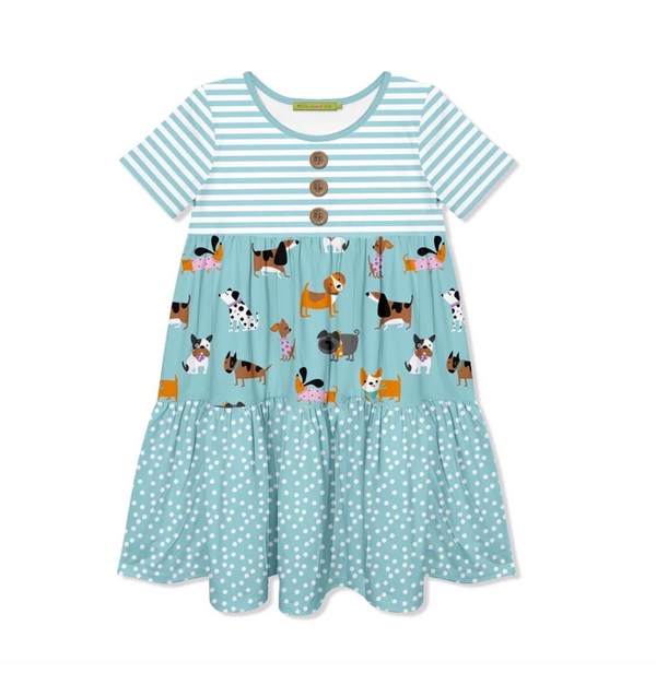 Millie Loves Lily Girls Nile Blue Doggie Printed Tiered Short Sleeve Dress