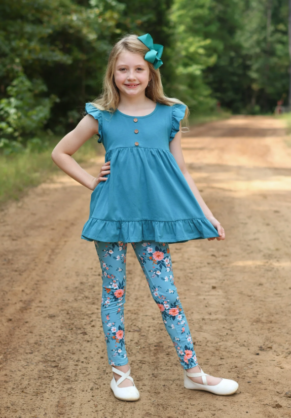 Millie Loves Lily Girls Teal & Mint Floral Garden Leggings Set, Big Girls