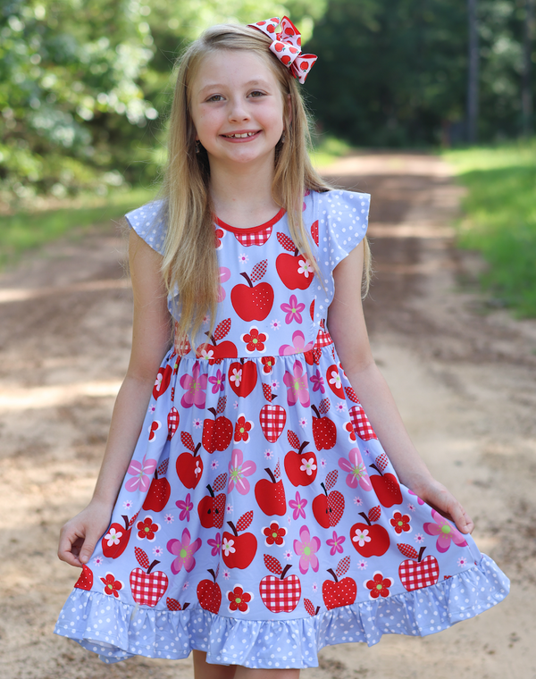 Millie Loves Lily Girls Blue and Red Apple Print Angel Wing Dress