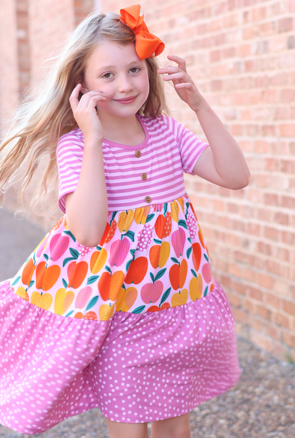 Millie Loves Lily Girls Violet Happy Apple Printed Tiered Short Sleeve Dress