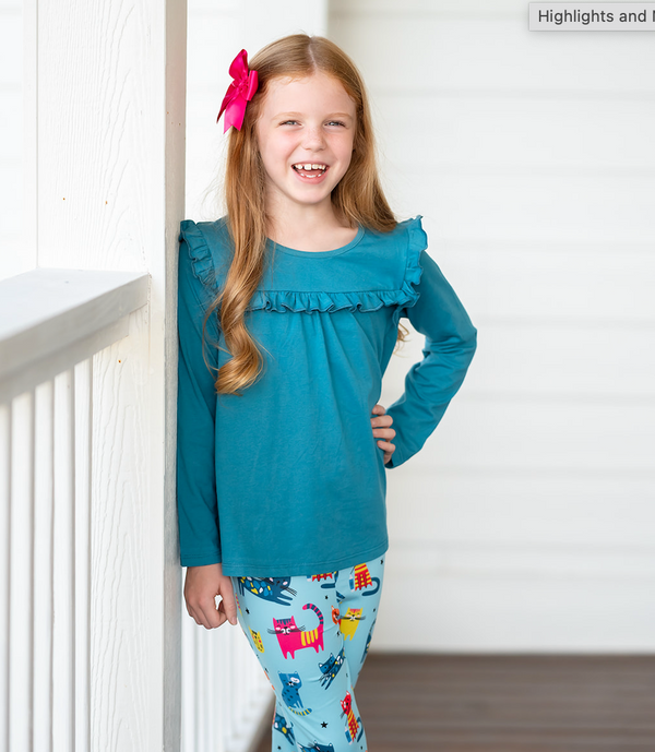 Millie Loves Lily Girls Teal Ruffle Top & Kitty Legging Set